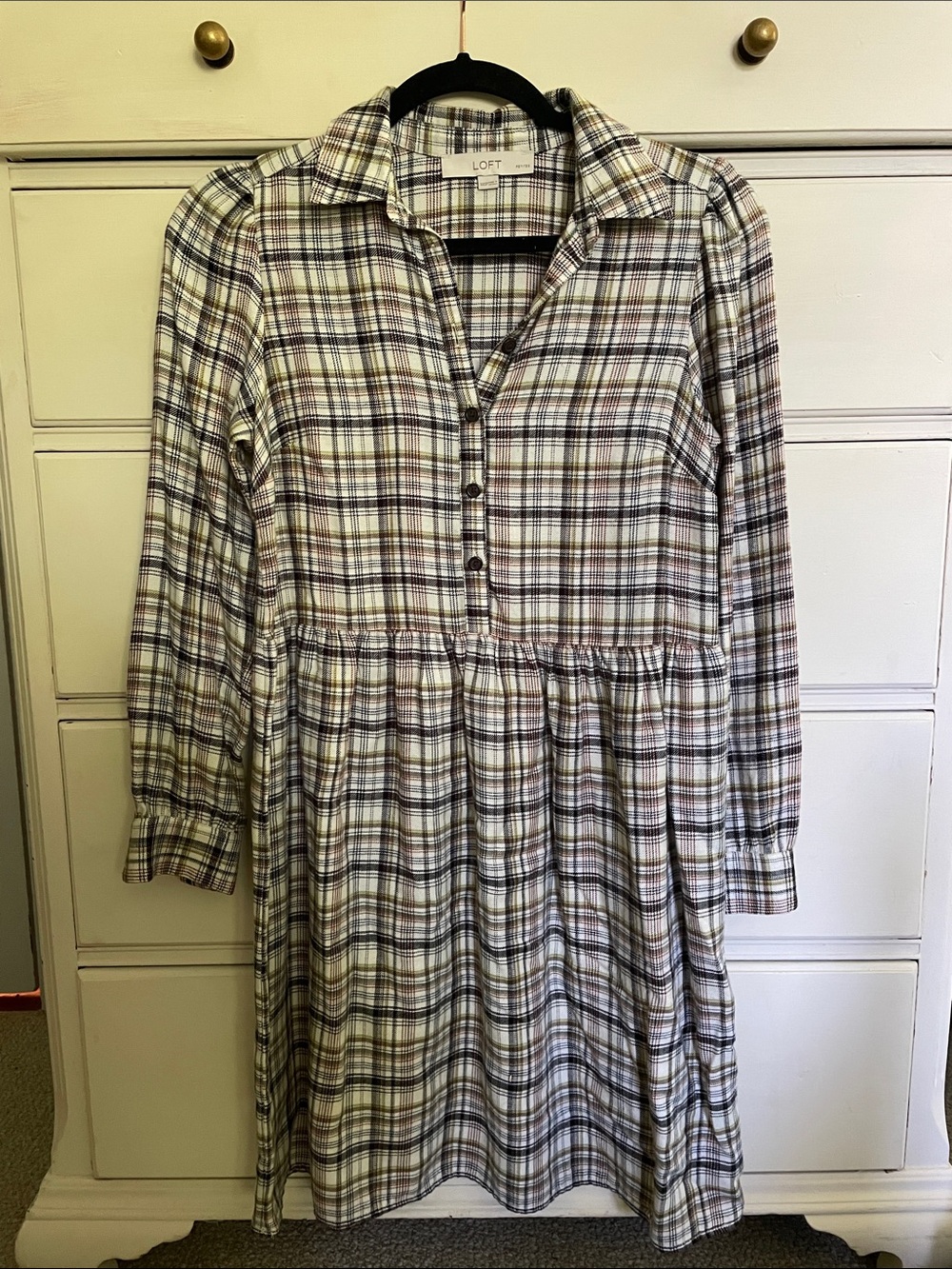 LOFT Cream Plaid Button-Front Shirtdress with Brown Accents